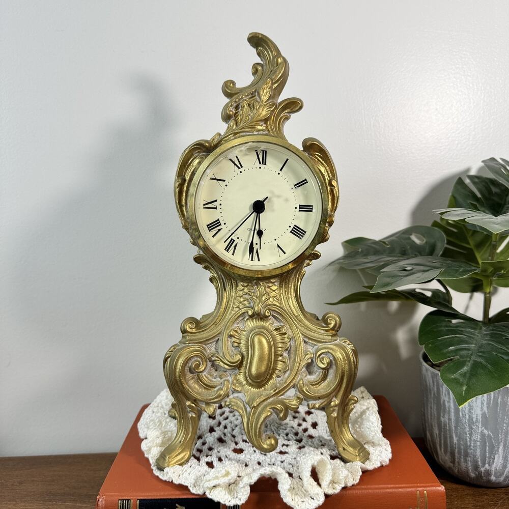 Vintage Gold Gilt Ornate Rococo Style Quartz Desk Mantel Shelf Clock Roman